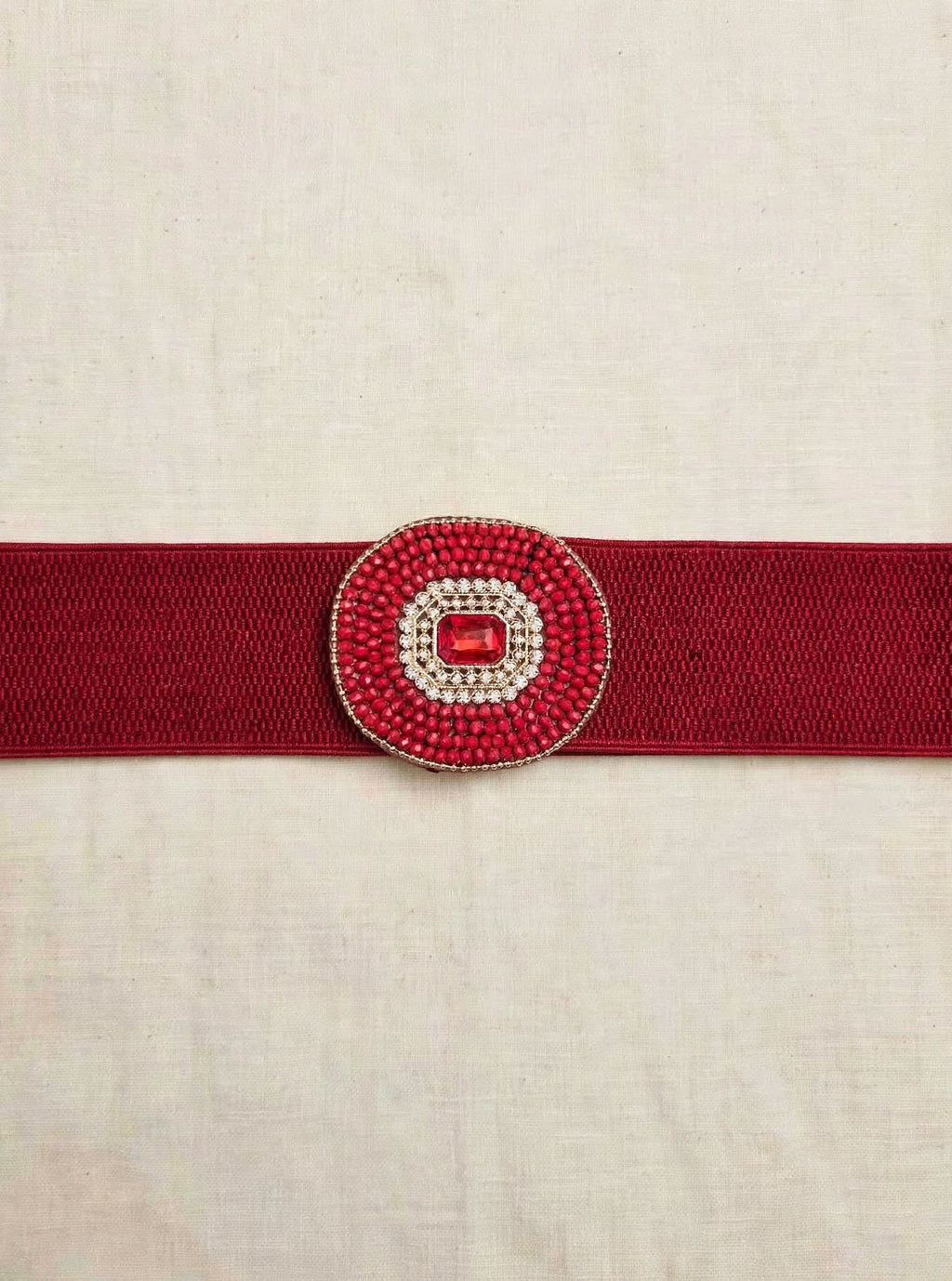 CINTURA ELASTICA VITA ALTA RUBY - Rossa con Maxi Fibbia Ovale Gioiello Strass