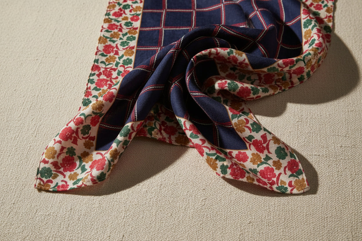 Foulard in seta Checks & Flowers rifinito a mano