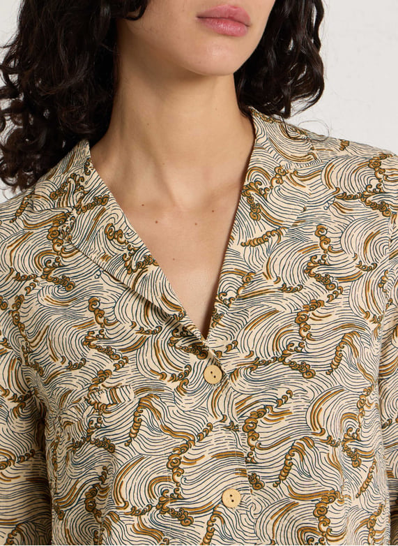 Camicia dritta con collo sartoriale stampata in misto cotone. - Beige