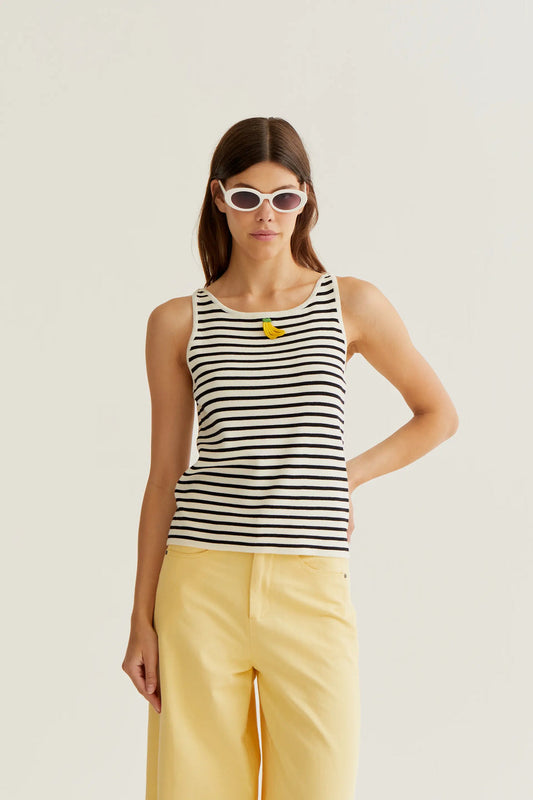 Black and white striped top with banana embroidery