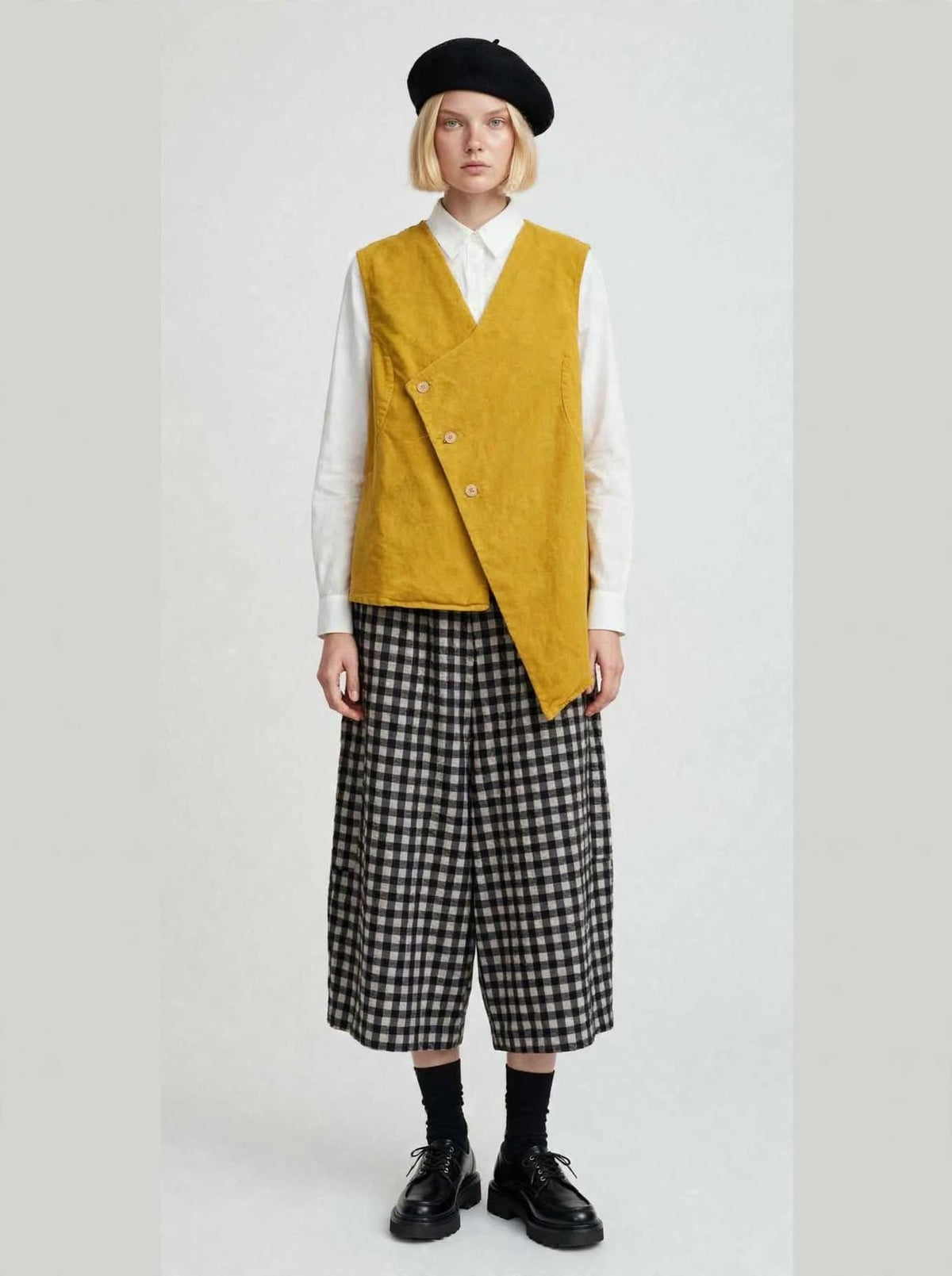 " LiNA"  Gilet Asimmetrico in Cotone - Giallo Senape - Made in Italy -