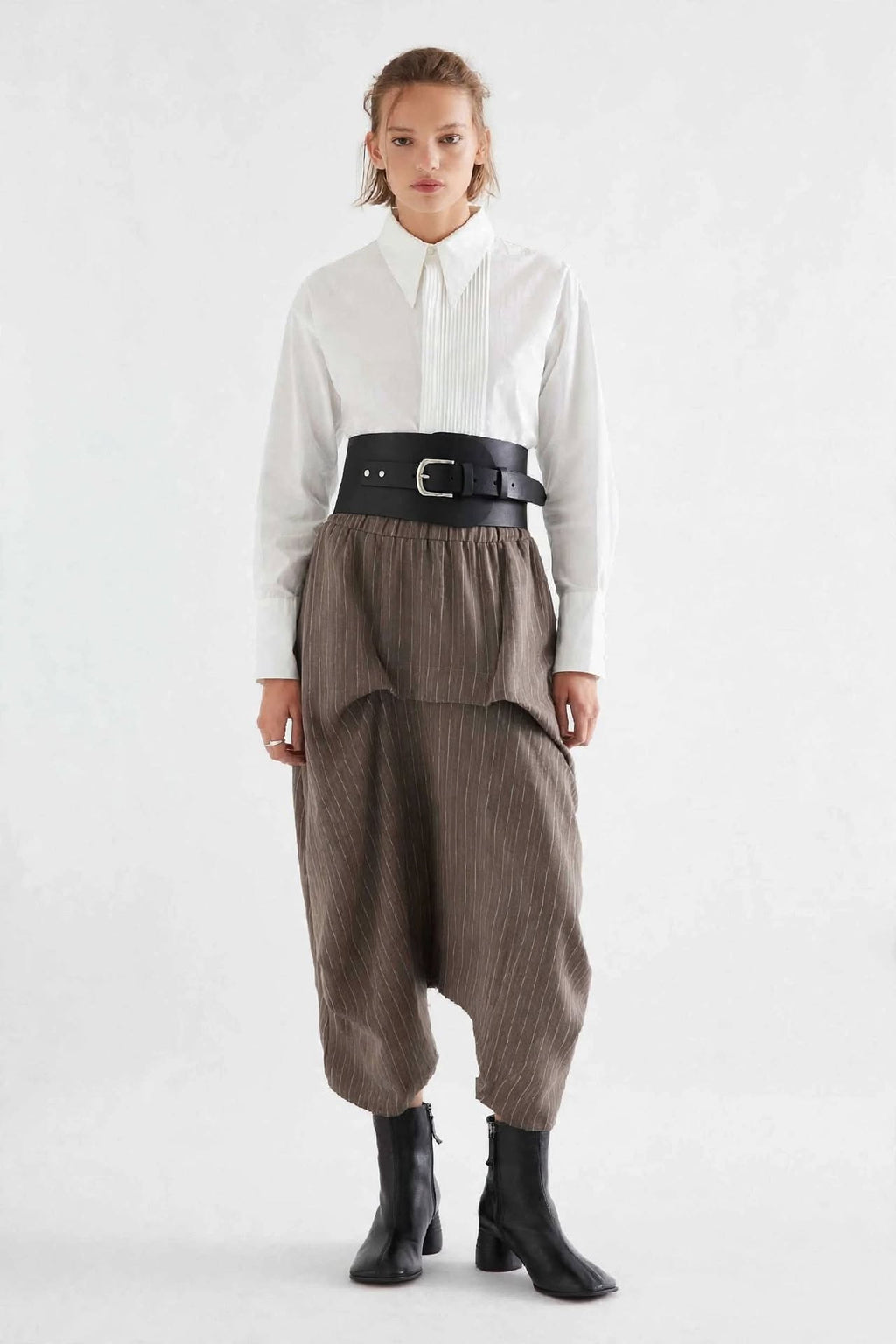 PANTALONE DROP HAREM GESSATO - TAUPE