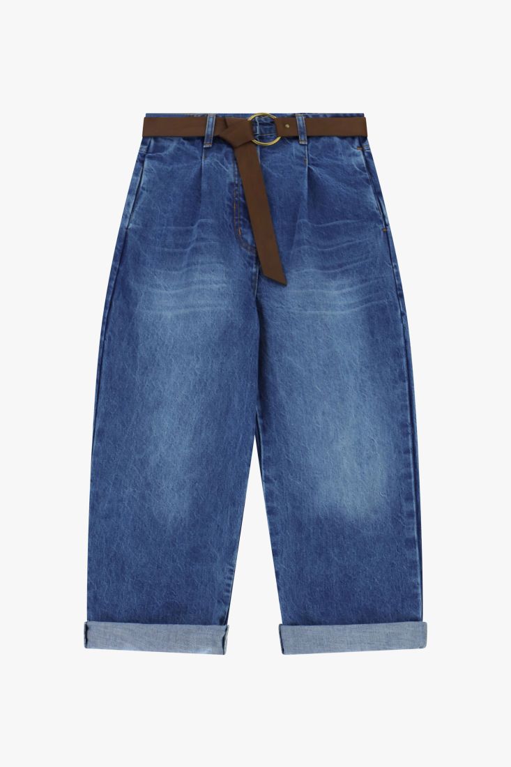 Jeans ampi vita alta con cintura e risvolto