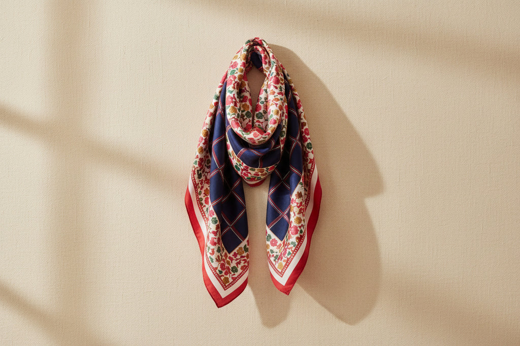Foulard in seta Checks & Flowers rifinito a mano