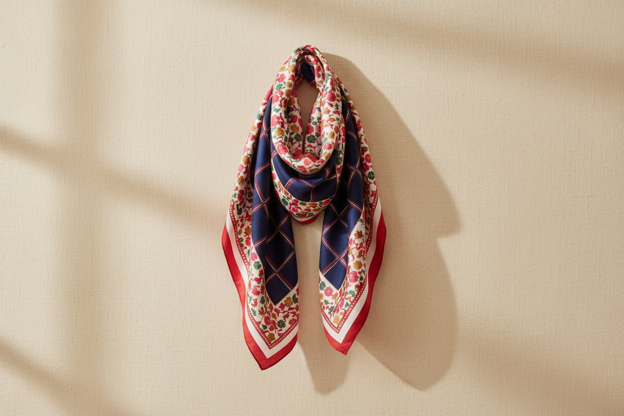 Foulard in seta Checks & Flowers rifinito a mano