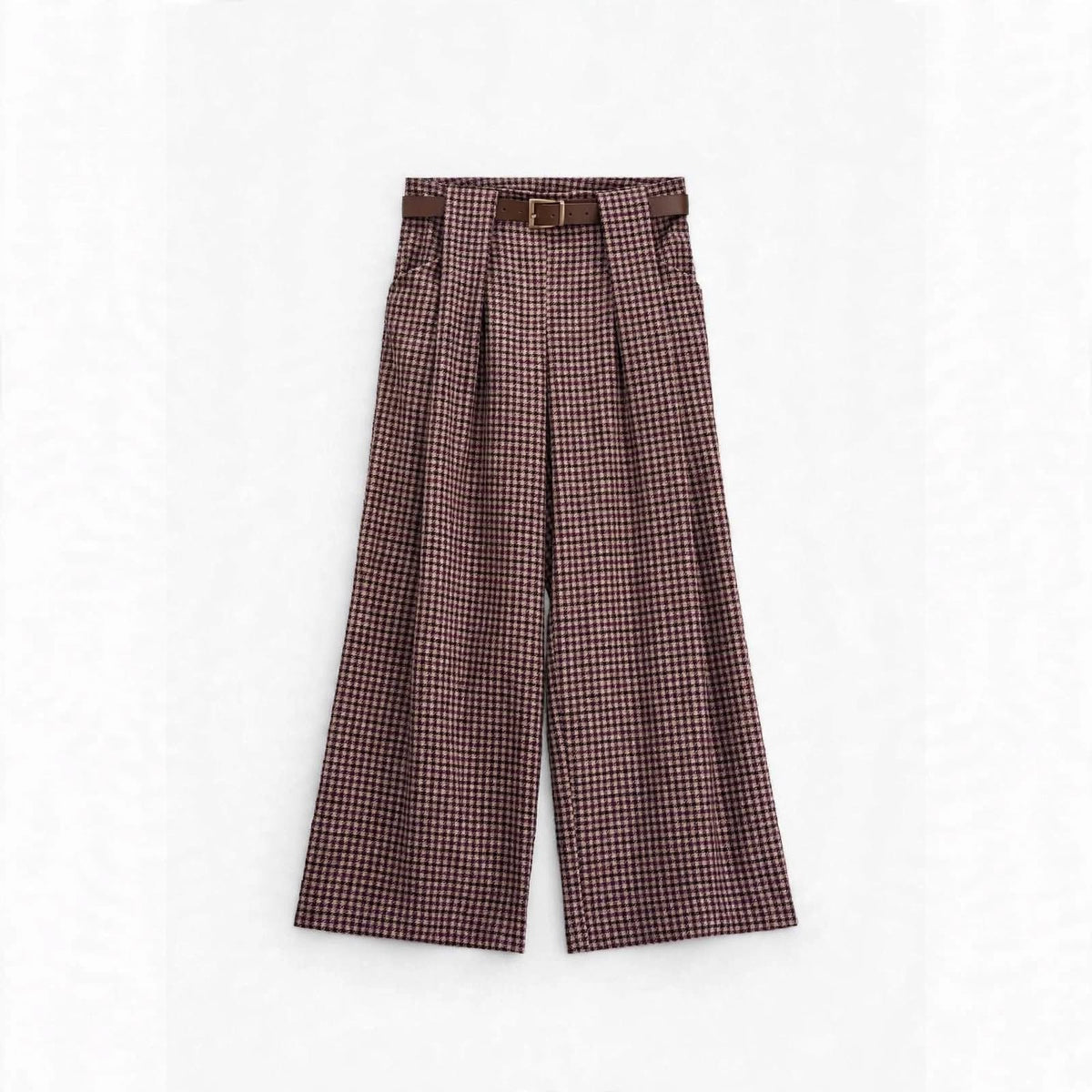 Pantalone Palazzo Pied-de-Poule Prugna con Cintura -