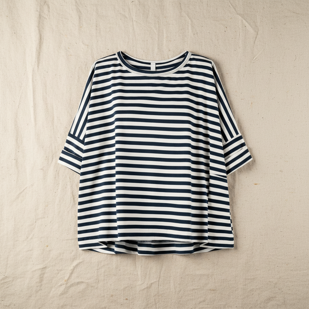 Maglia scatoletta righe panna blu scuro