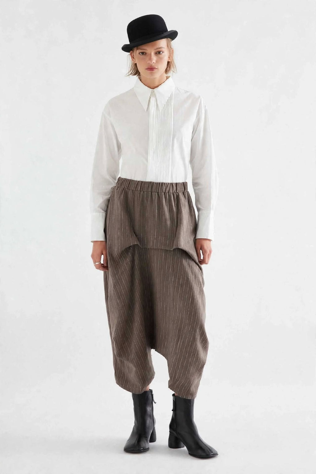 PANTALONE DROP HAREM GESSATO - TAUPE