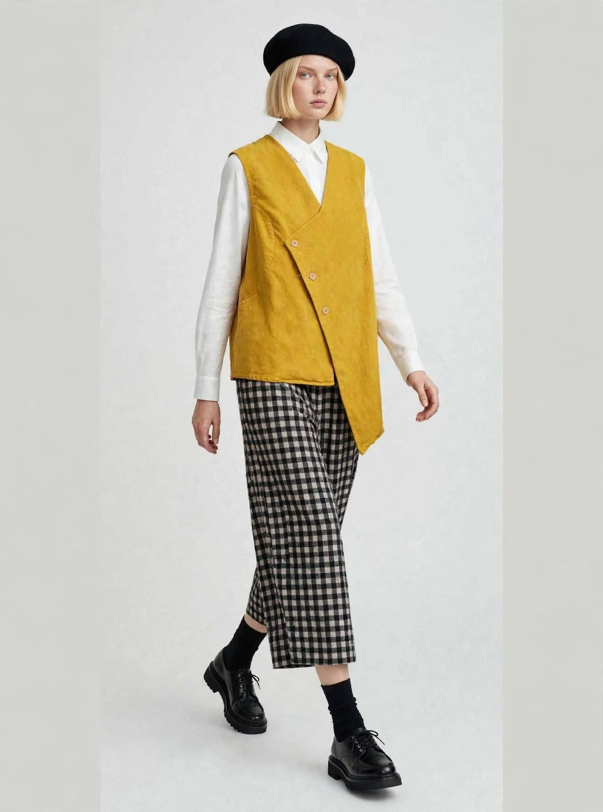" LiNA"  Gilet Asimmetrico in Cotone - Giallo Senape - Made in Italy -