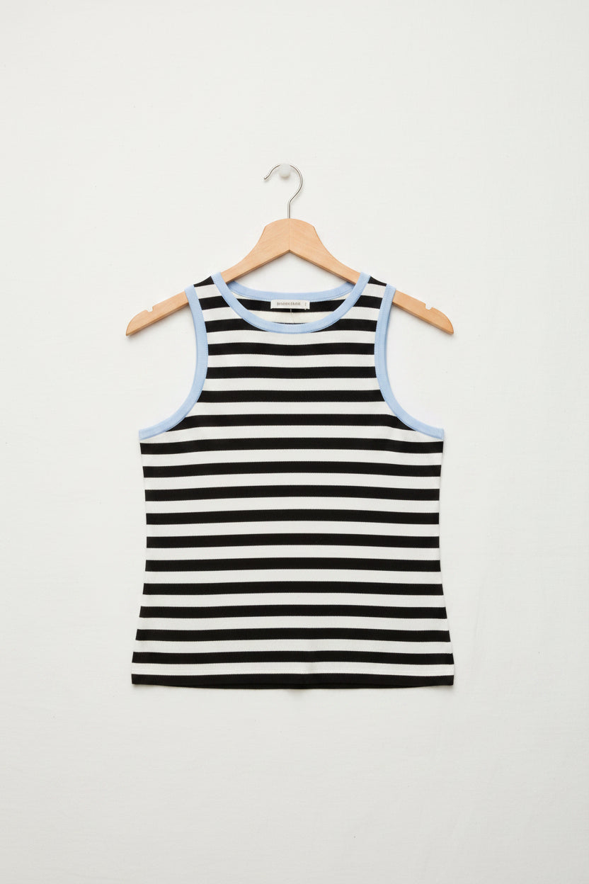 Top righe bianco nero collo in contrasto  azzurro