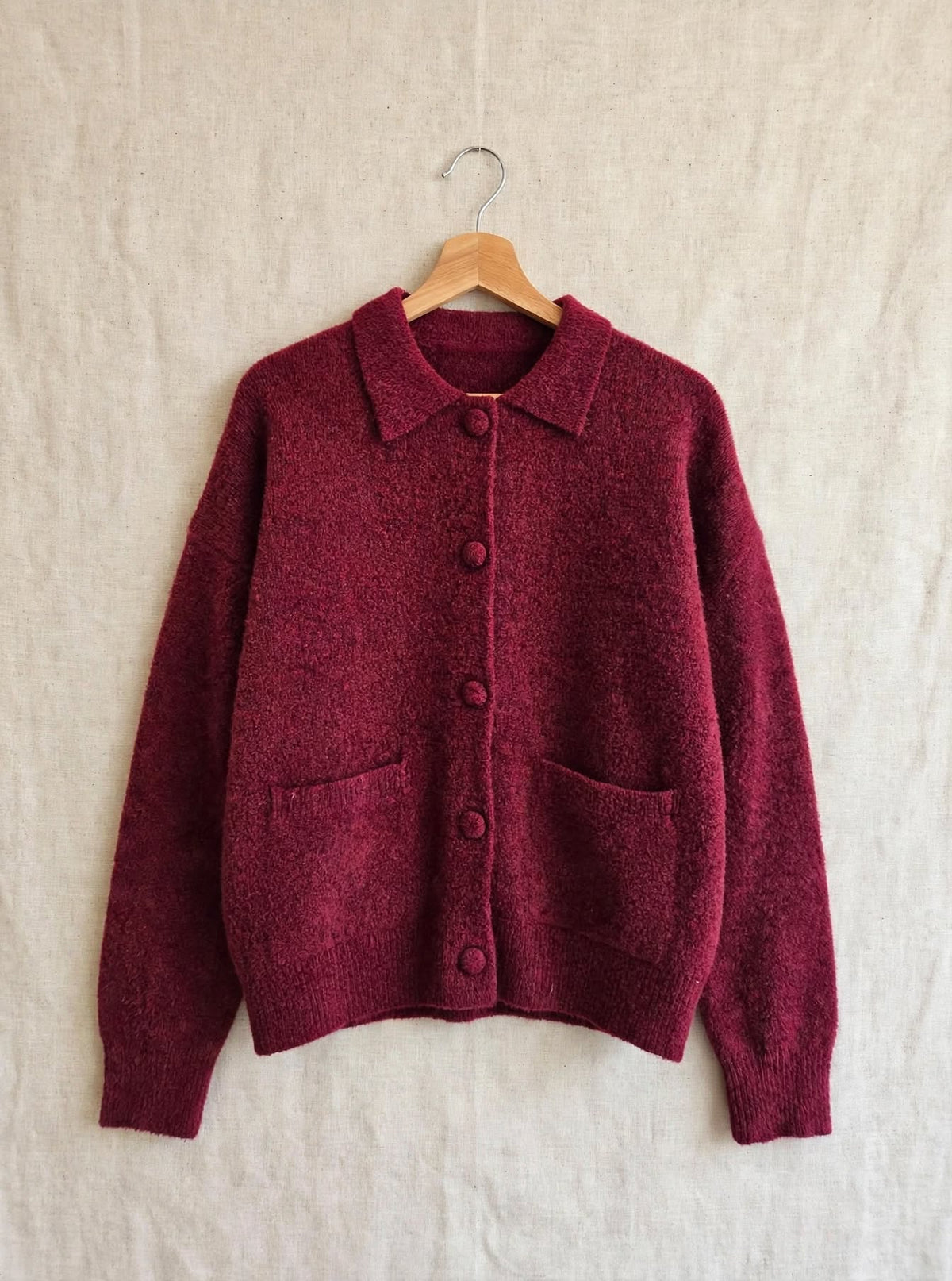 Cardigan colletto bottoni rivestiti burgundy