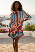 Camicia coreana righe rosa e ottanio