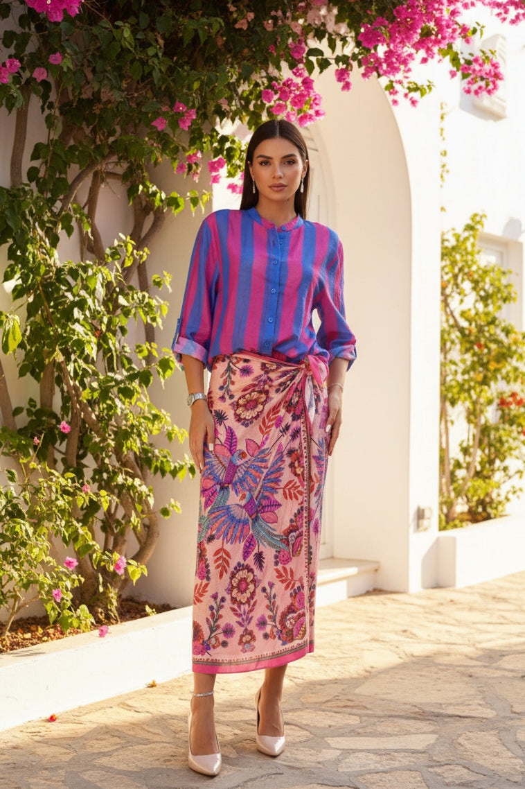Camicia collo alla coreana  riga blu fucsia