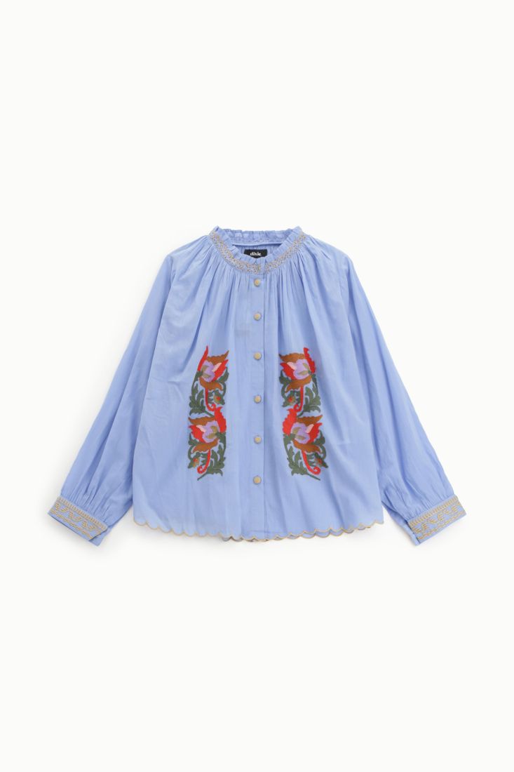 Shirt ampia ricamo floreale bottoni e bordo smerlato