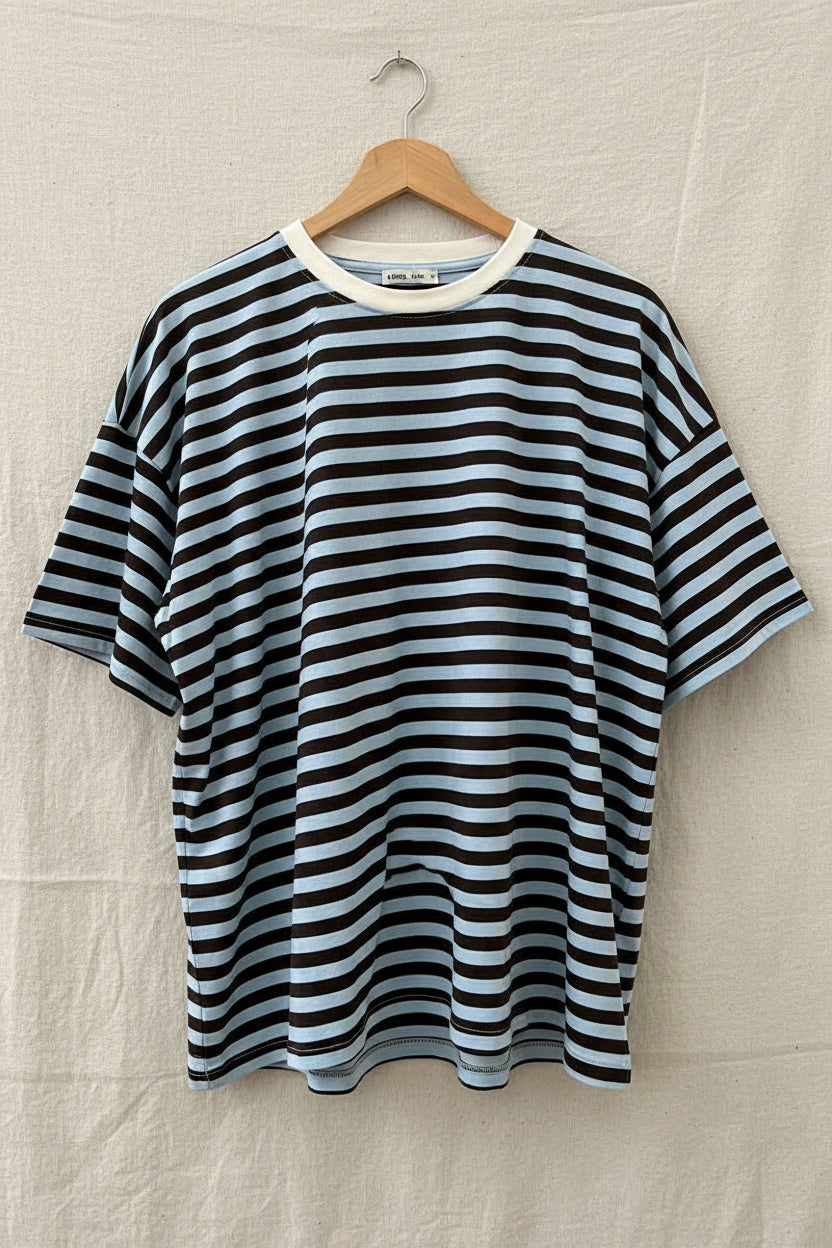 T - shirt righe scatoletta azzurro marrone