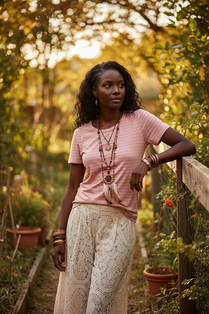 T-shirt rosa e sabbia a costine