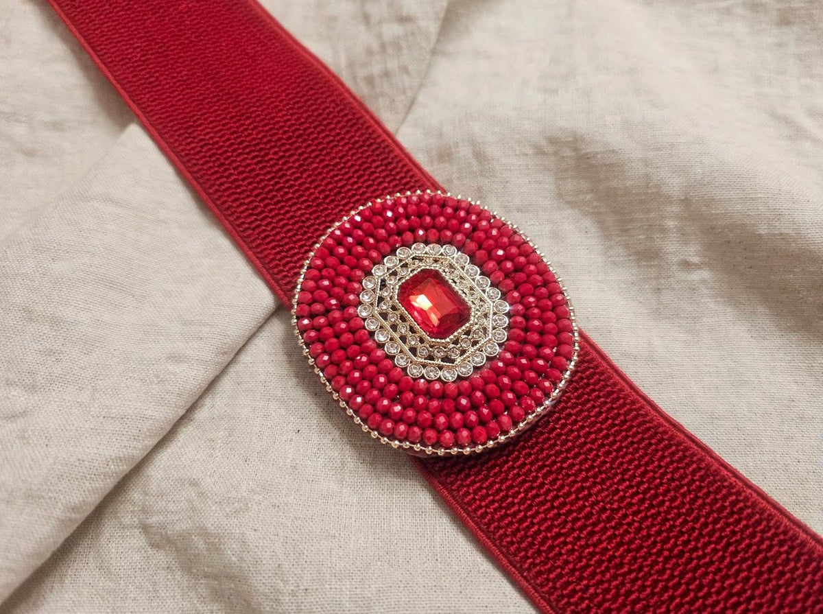 CINTURA ELASTICA VITA ALTA RUBY - Rossa con Maxi Fibbia Ovale Gioiello Strass