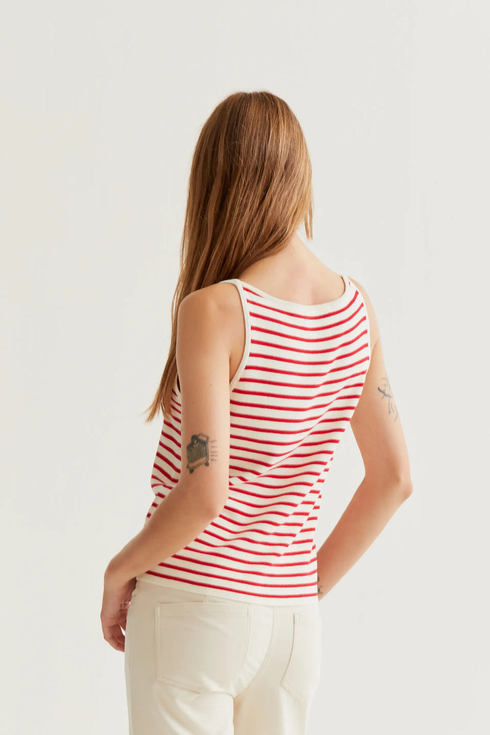 White and red striped top with strawberry embroidery