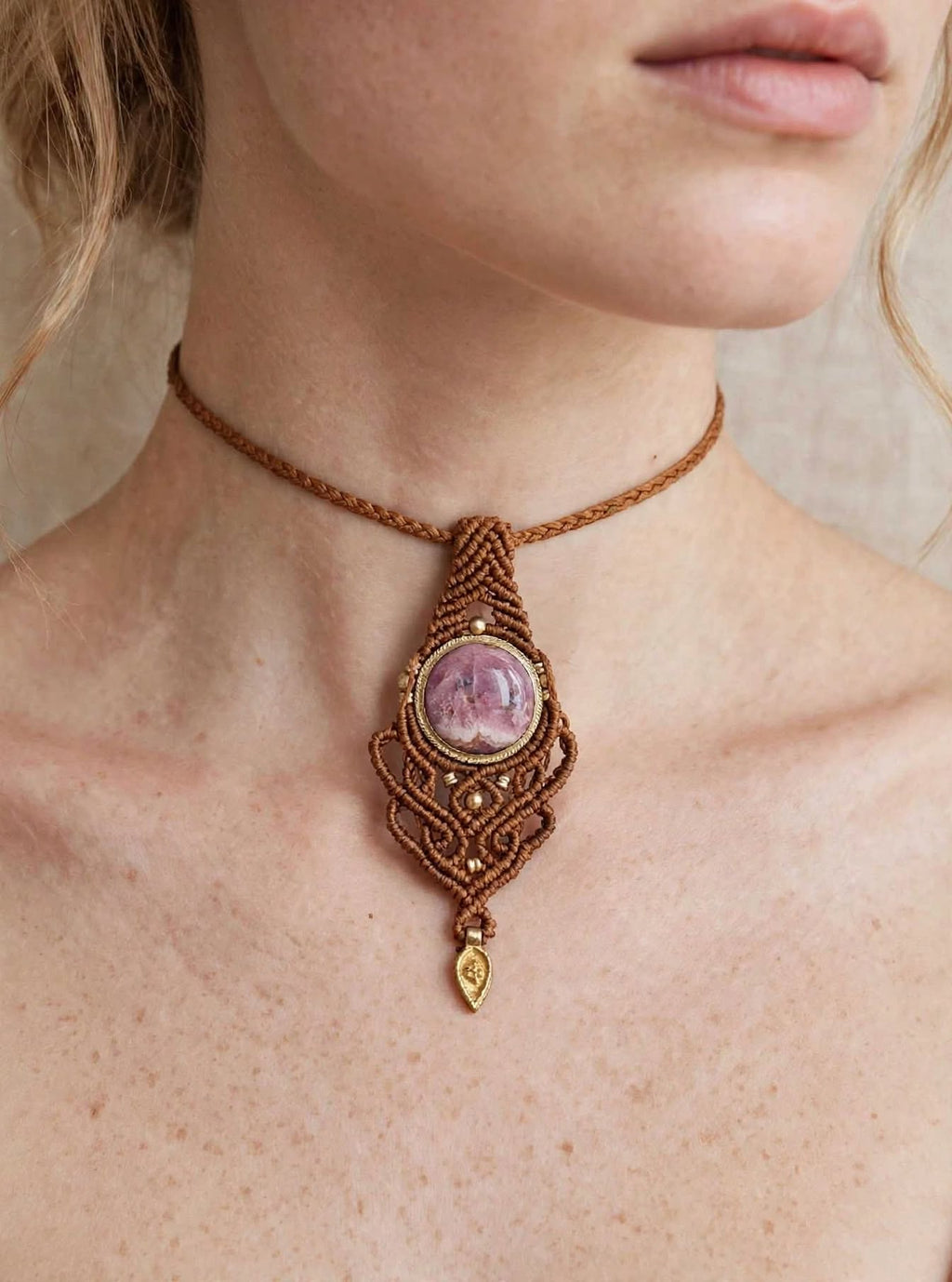 MIRA Collana Choker Macramè con Rodonite Rosa