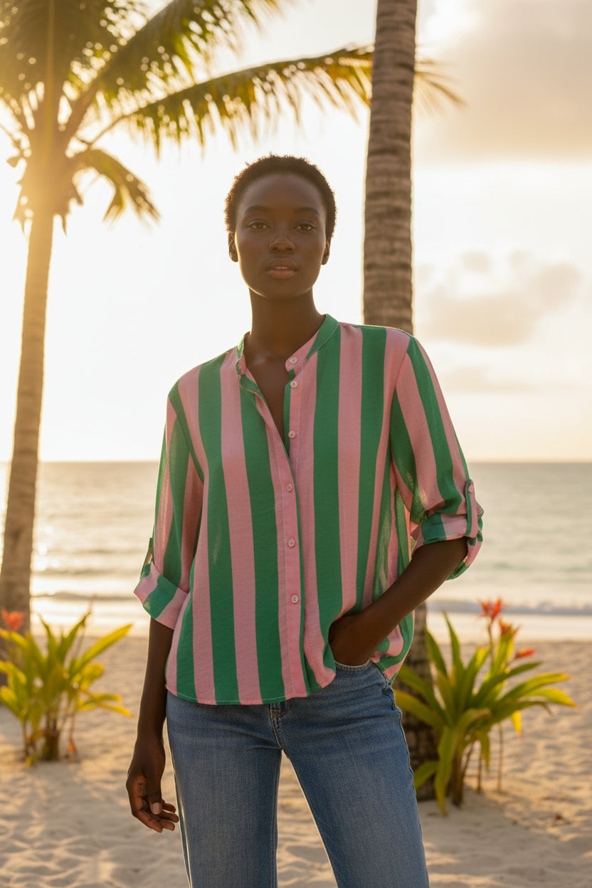 Camicia a righe con collo alla coreana