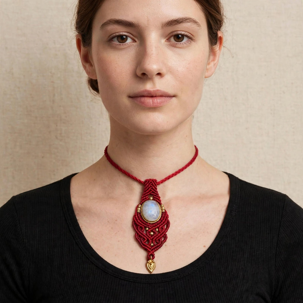 SHAKTI - Collana Macramè Rossa con Pietra di Luna