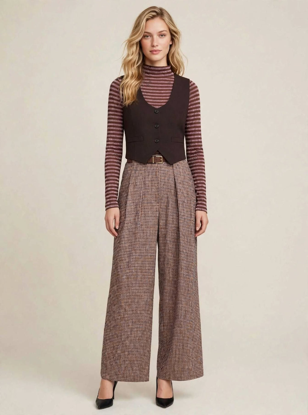 Maglia Collo Alto Lurex a Righe Marrone Cioccolato e Malva Glitter