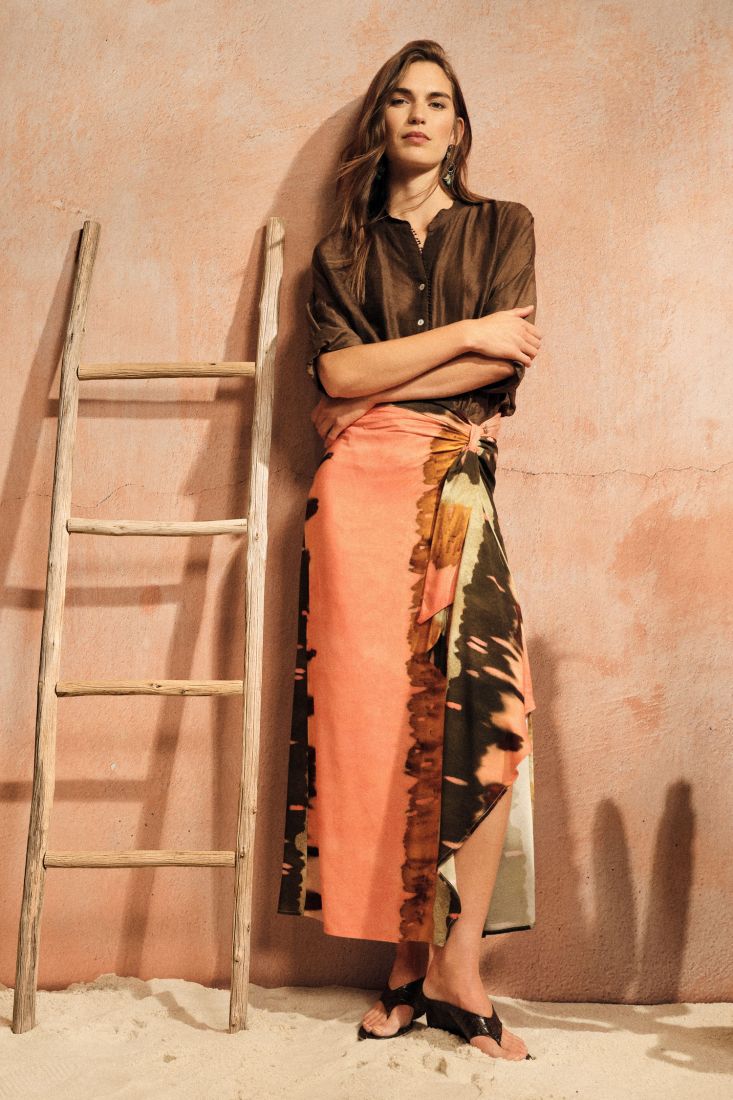 Gonna lunga stampa tie dye con nodo frontale