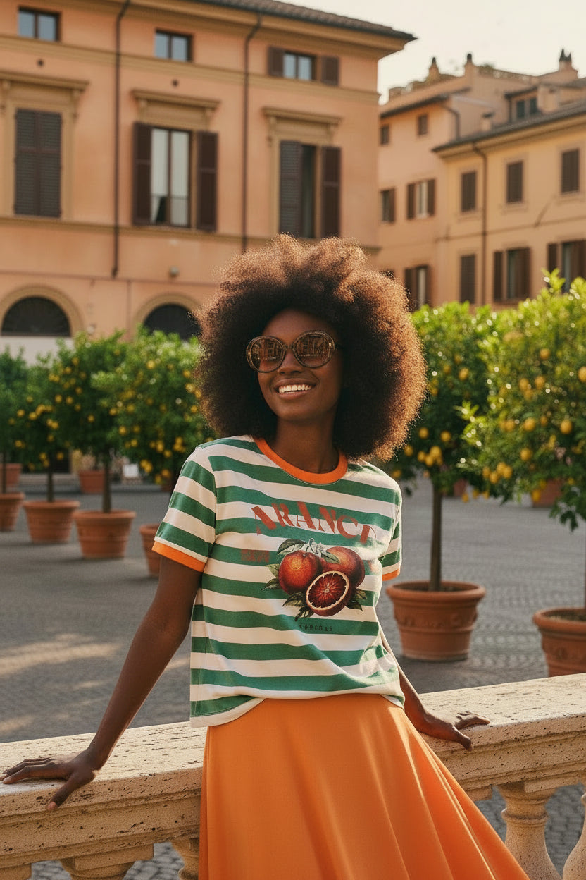 T shirt Fruit stampa Arance latte, verde e arancio