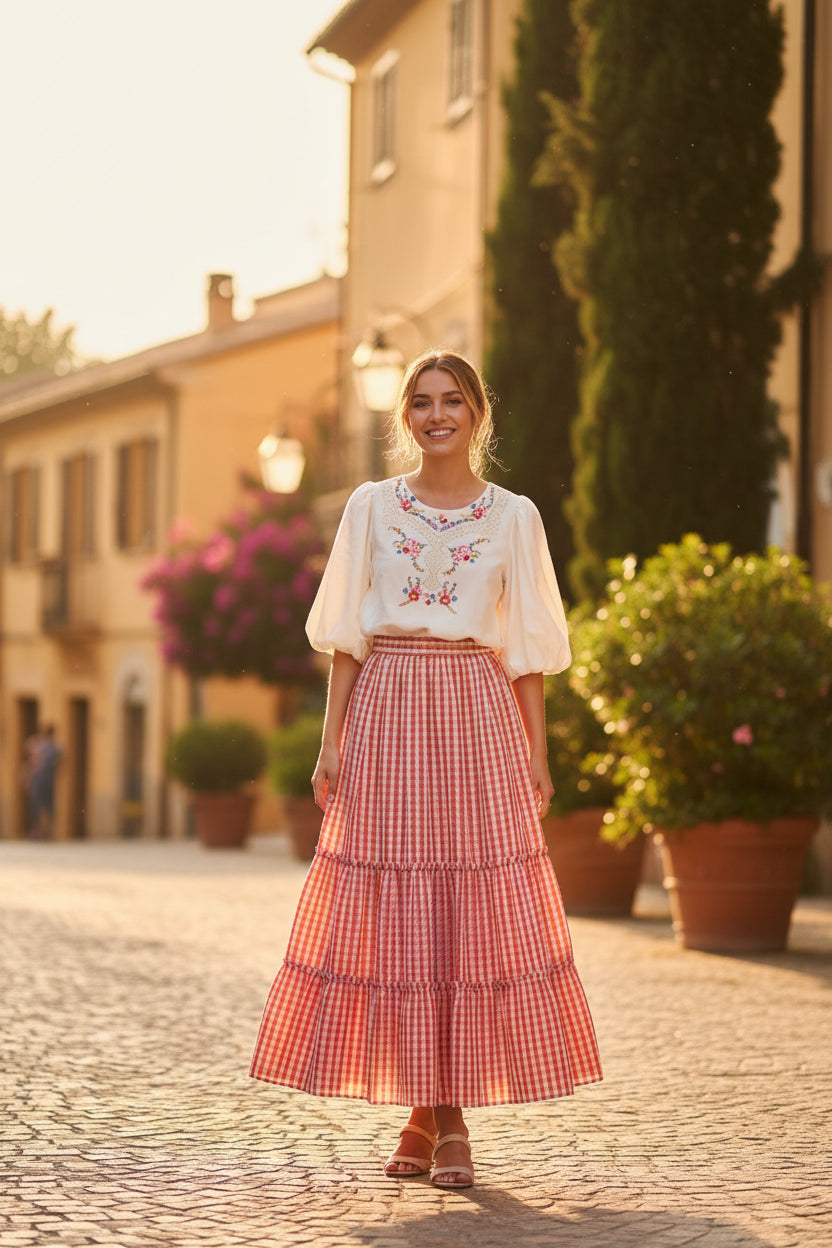 Top con maniche ampie e ricamo floreale