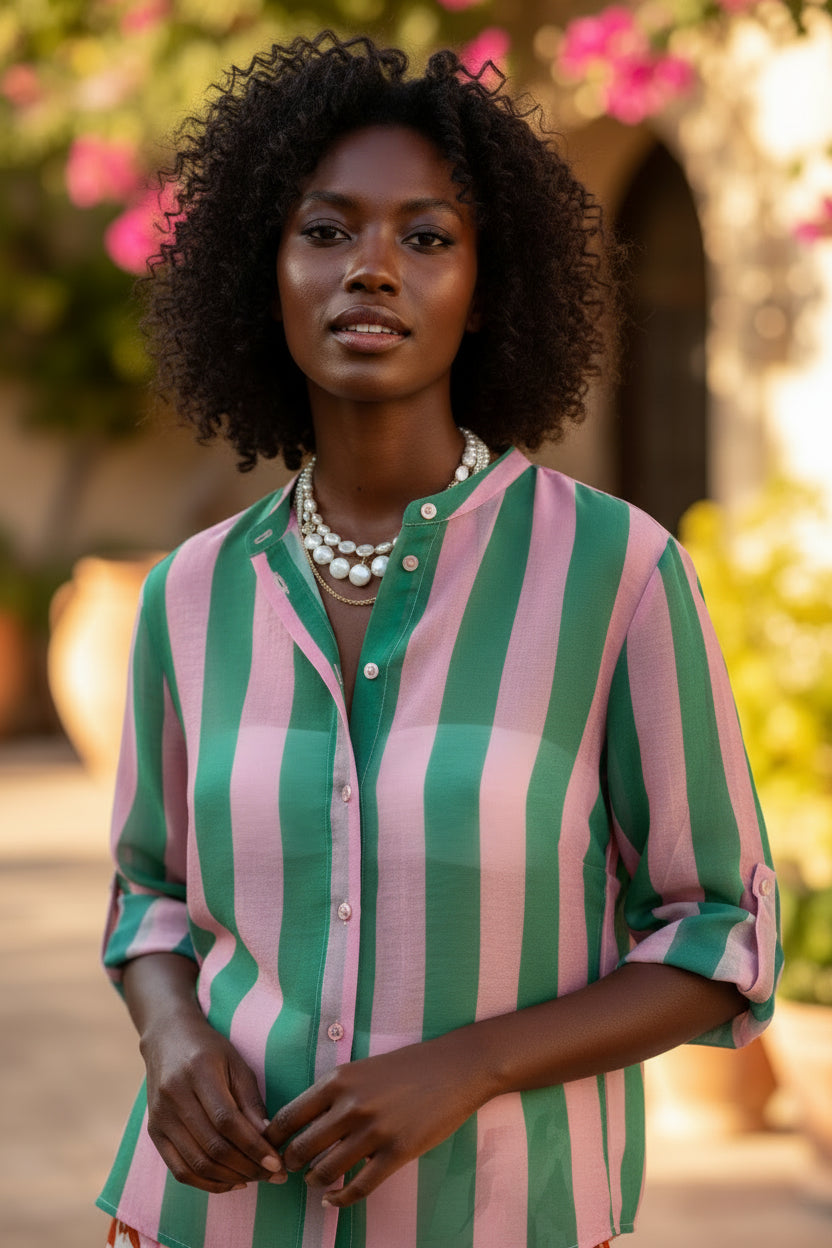 Camicia Stripe rosa e verde