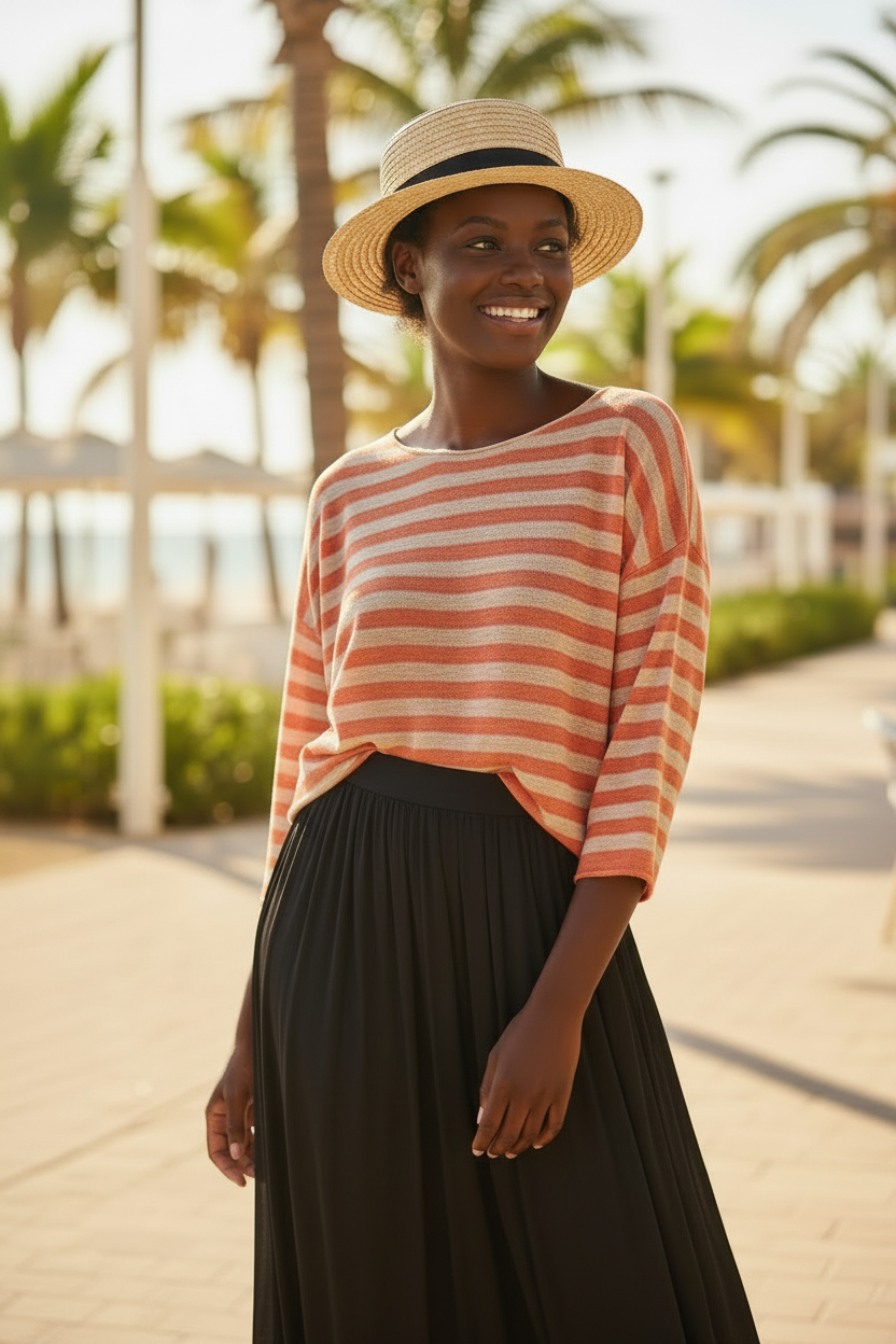 Maglia in Filo a Righe con Scollo V e Fiocco sul Retro