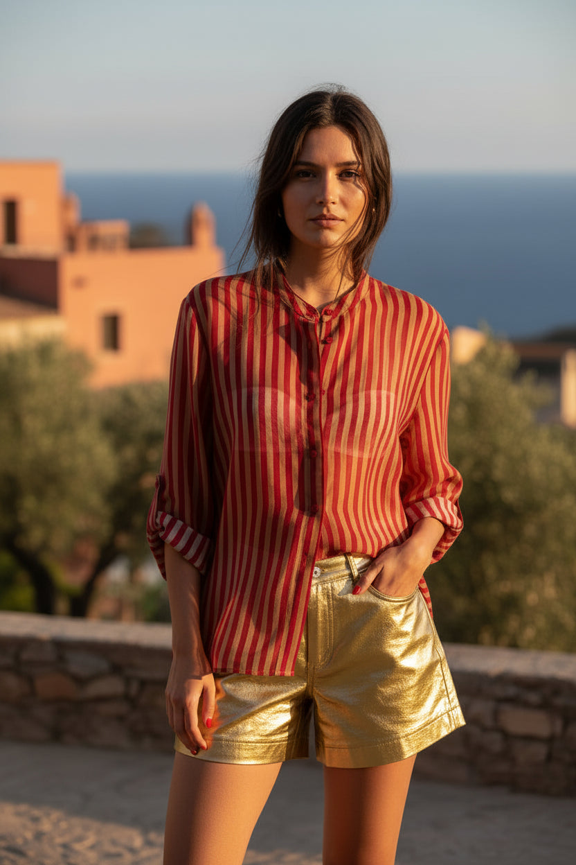 Camicia colla a coreana  righe sottili