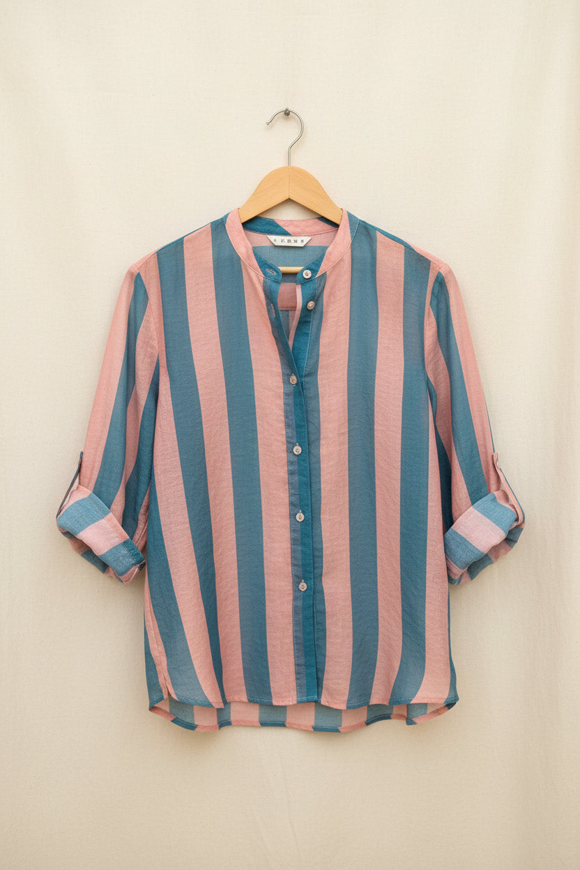 Camicia coreana righe rosa e ottanio