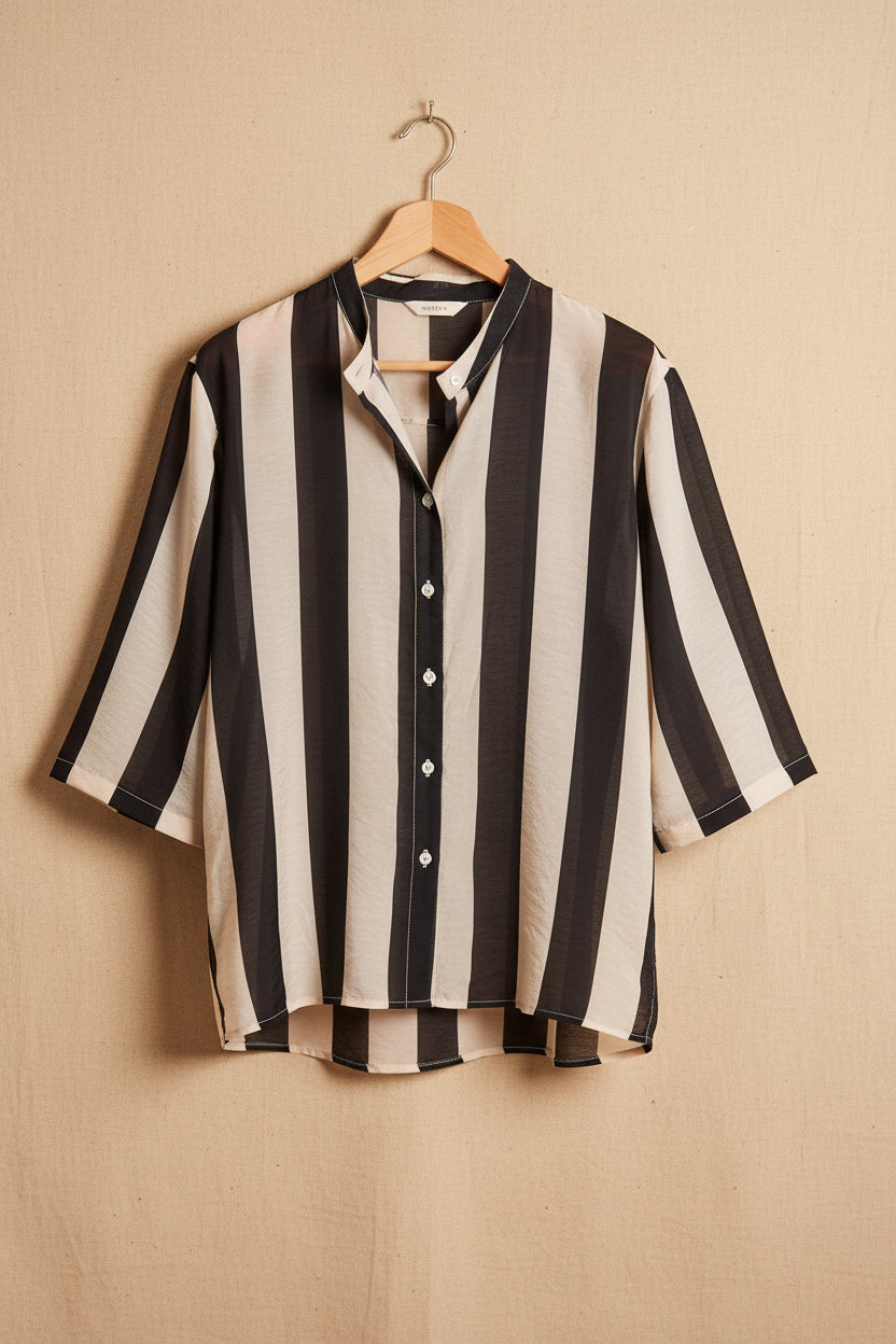 Camicia a righe collo coreana - sand/nero