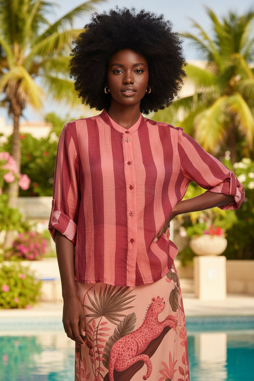 Camicia riga rosa bordeaux