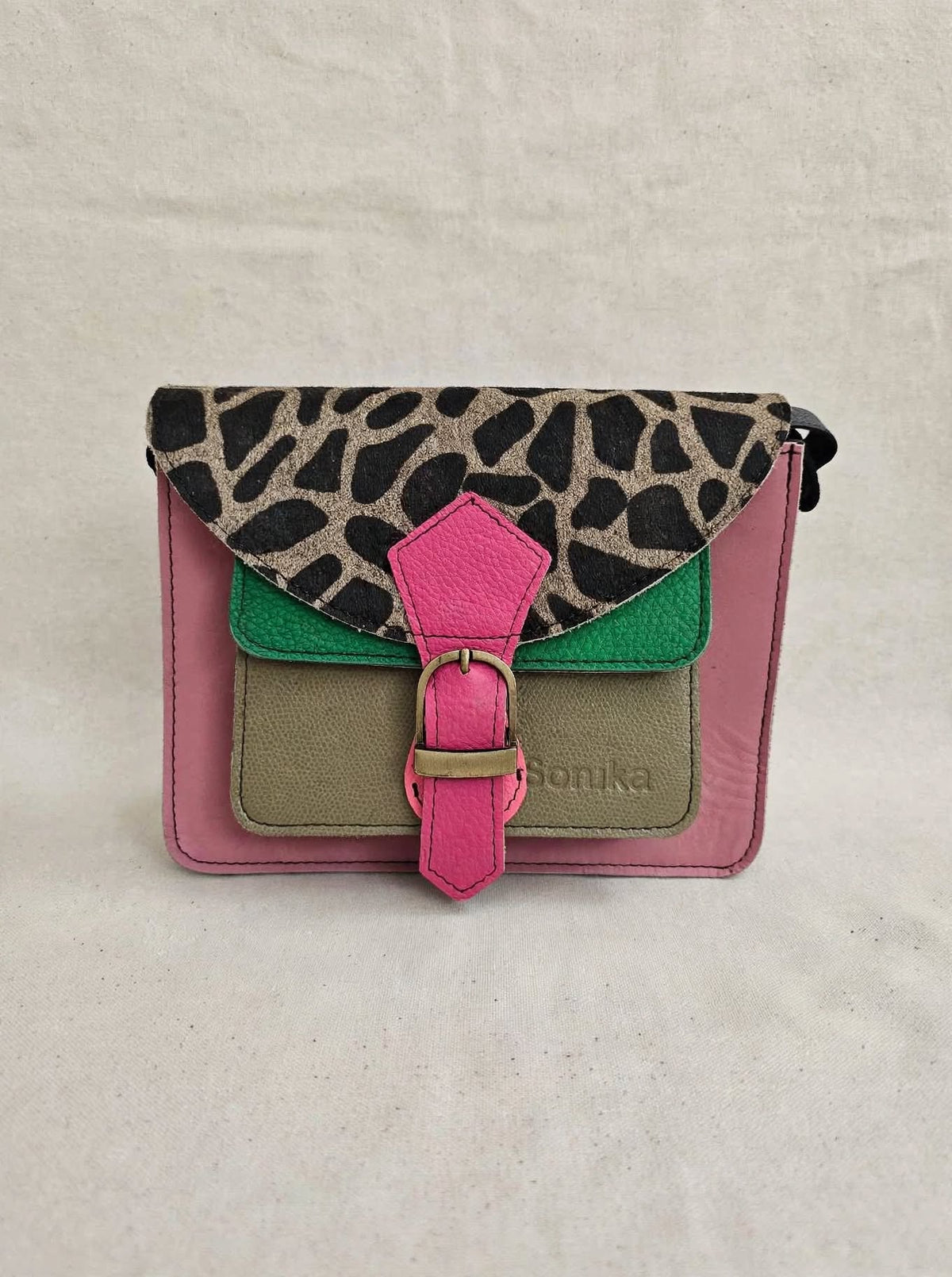 Soruka PINK SAFARI - Mini Borsa Giraffata Rosa, Verde e Tortora