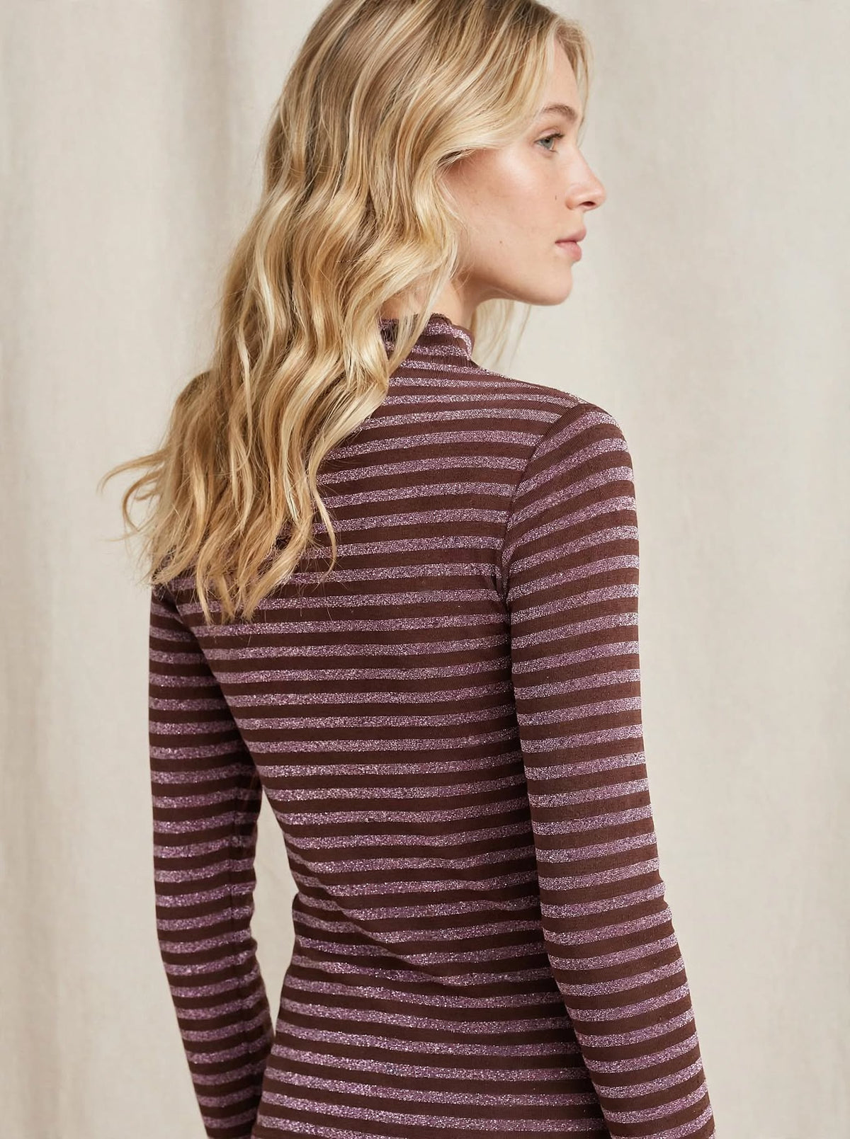 Maglia Collo Alto Lurex a Righe Marrone Cioccolato e Malva Glitter