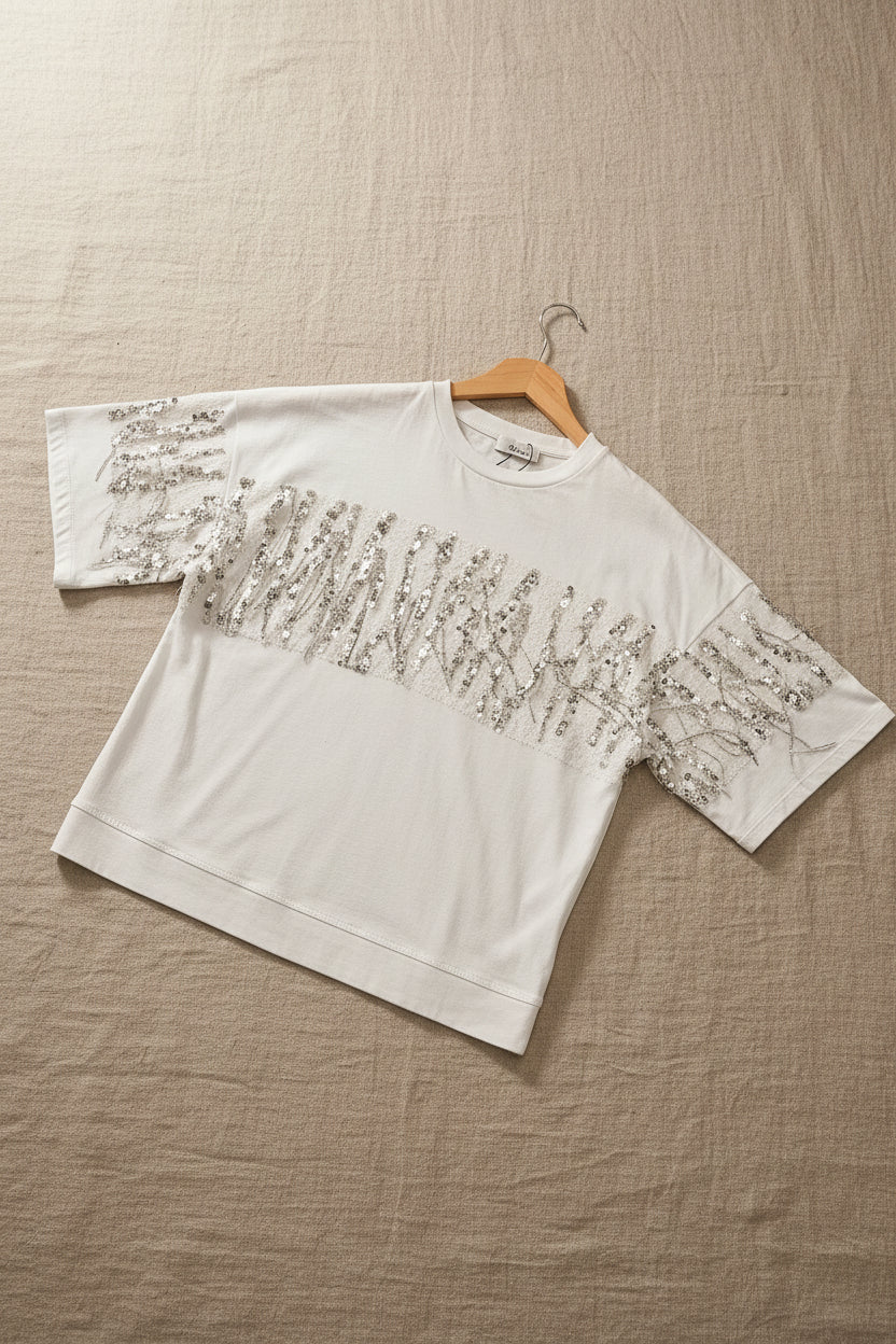 T shirt bianca frange pailettes