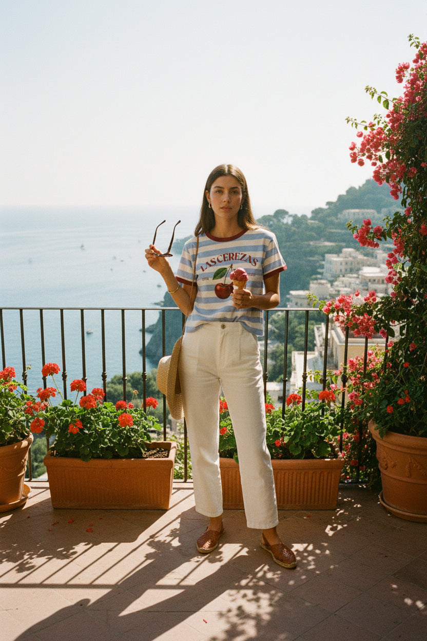 T-shirt a righe con stampa ciliegie e profili a contrasto