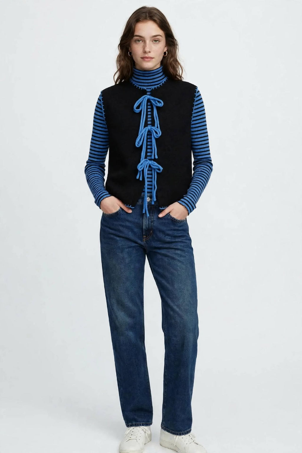 GILET IN MAGLIA - NERO / BLU - Chiusura a fiocco