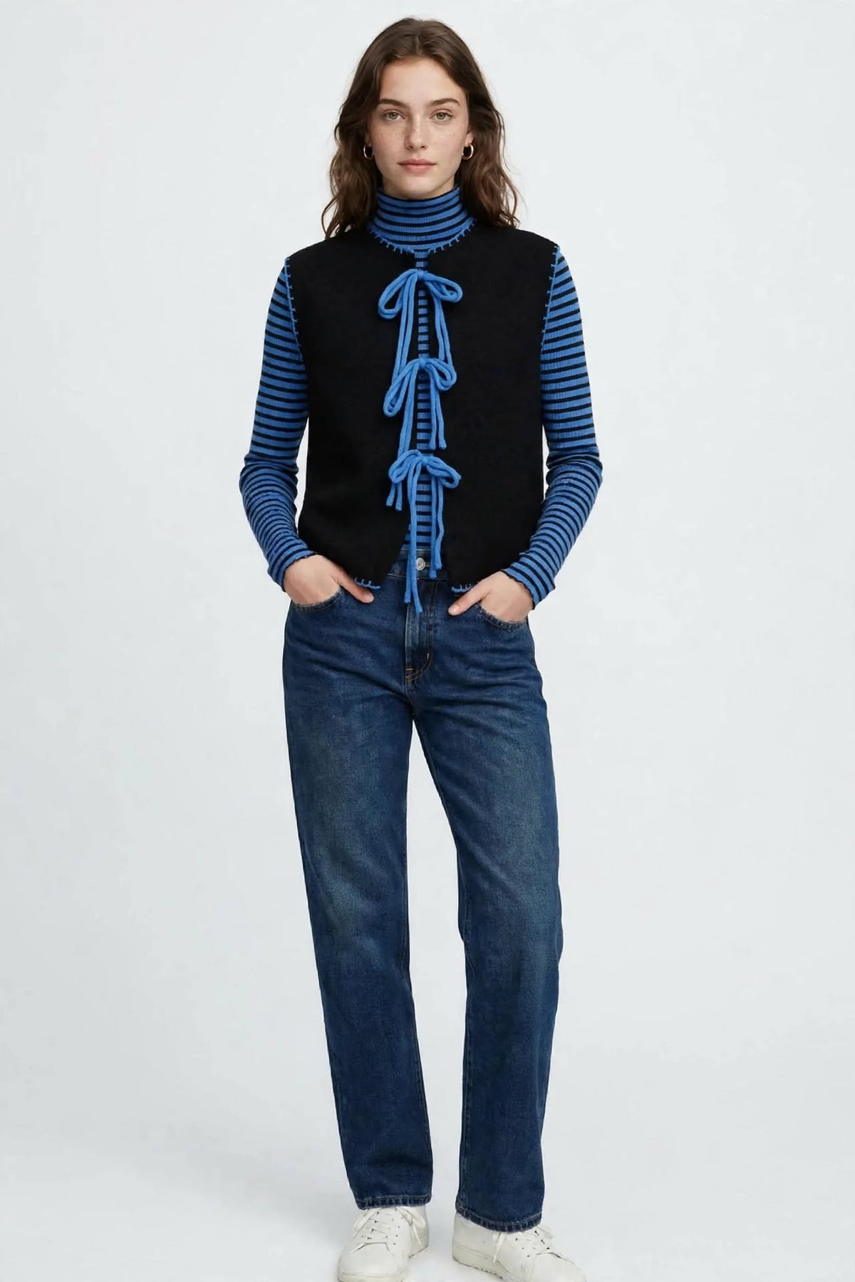 GILET IN MAGLIA - NERO / BLU - Chiusura a fiocco