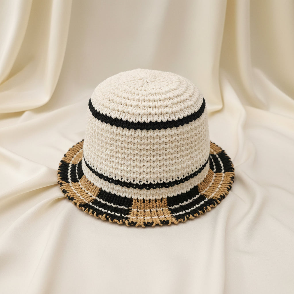 Cappello da sole in rafia beige e nero a righe  (bucket hat)