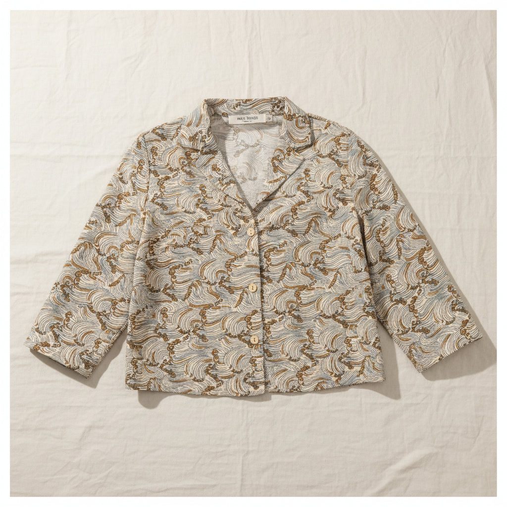 Camicia dritta con collo sartoriale stampata in misto cotone. - Beige