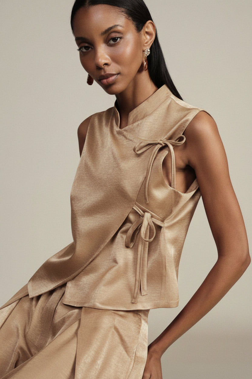 Gilet con collo alla coreana e allacciatura laterale