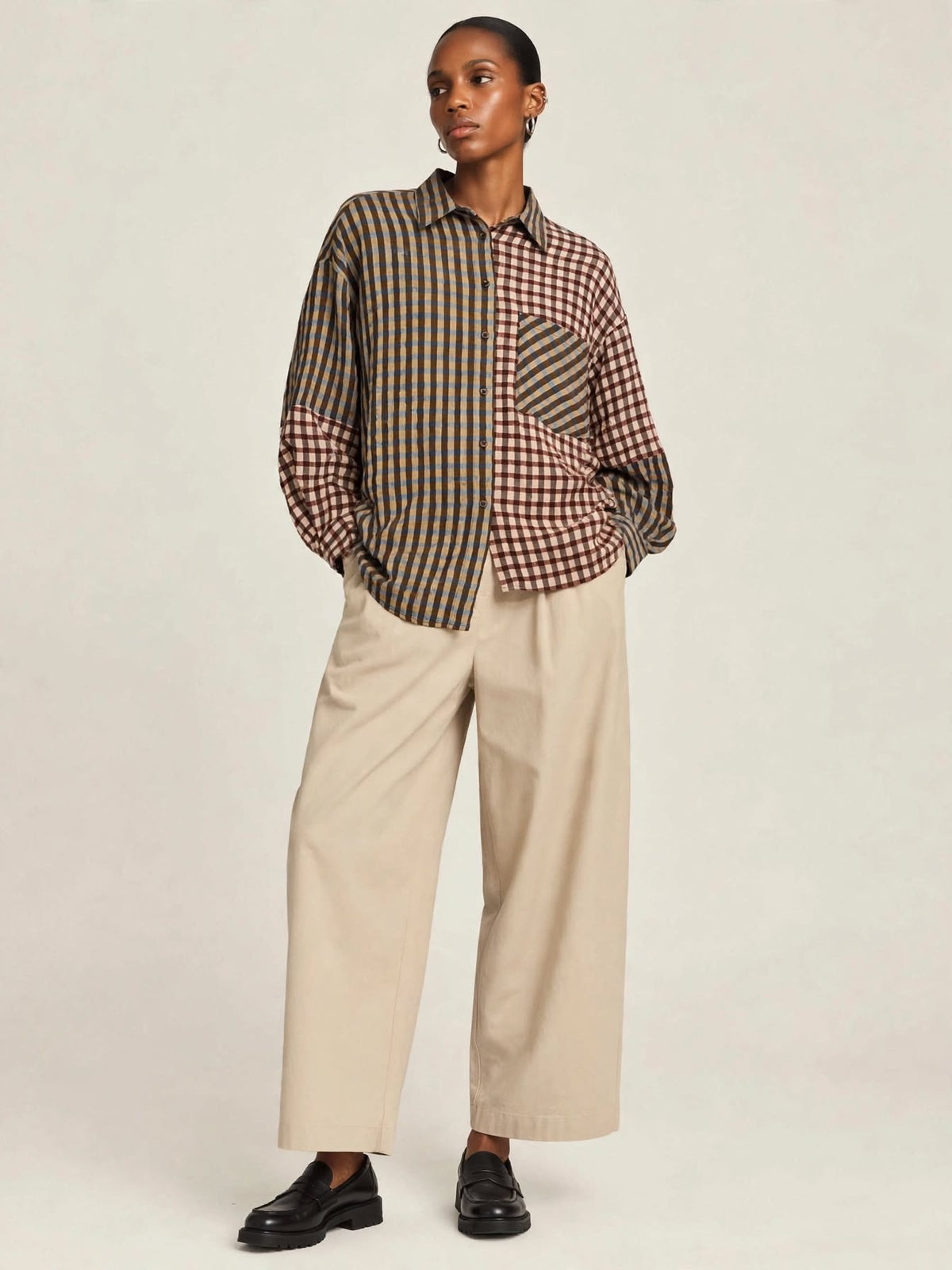 DIXIE Camicia Oversize Donna Patchwork Check Multicolor Beige Bordeaux Blu - Mod. CFS72MT - Made in Italy