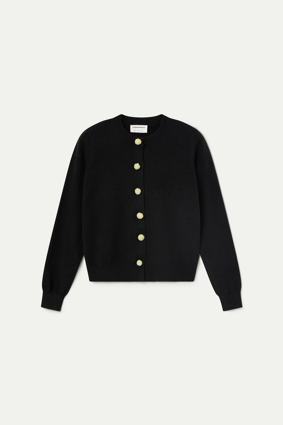 Cardigan nero con pon pon gialli