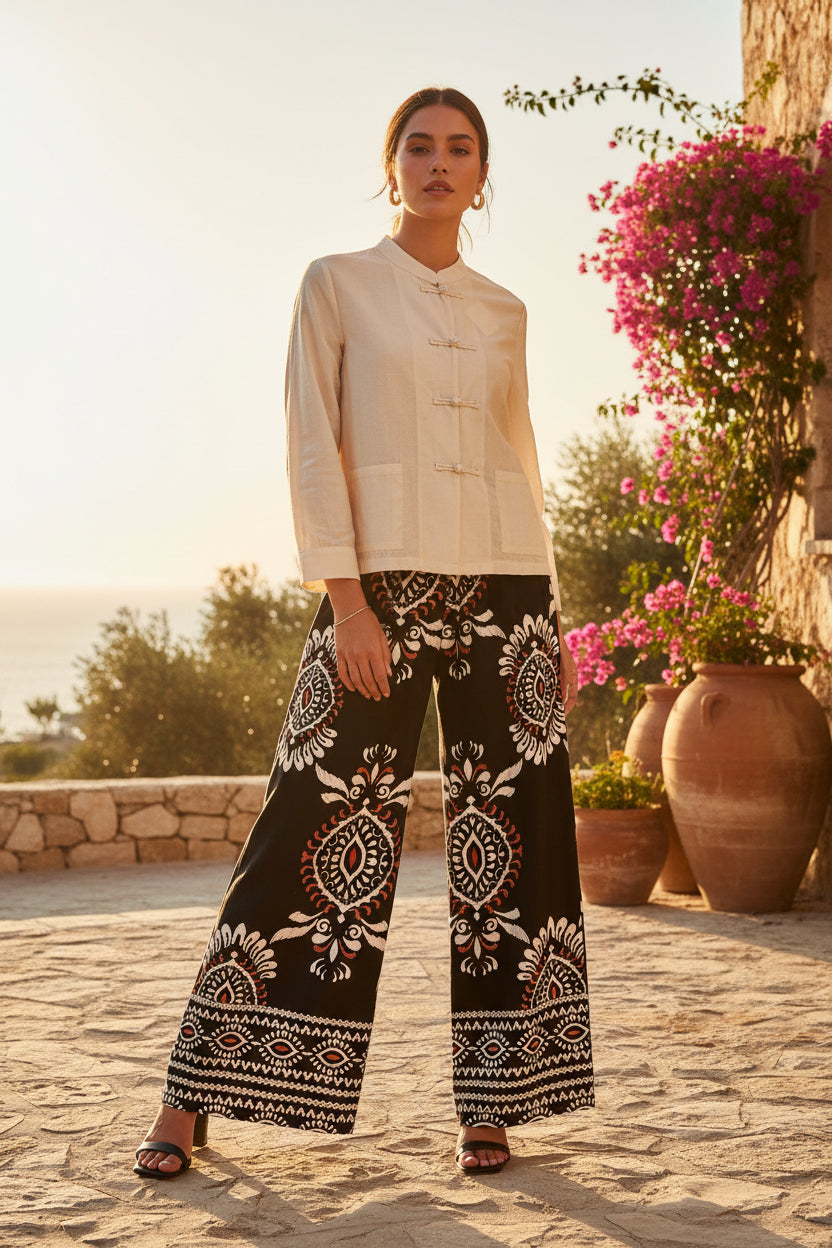 Pantalone con pinces fantasia etnica nera e burro