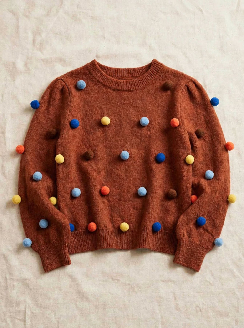 DOT PARTY TERRACOTTA - Pullover color cognac con pon pon 3D multicolor