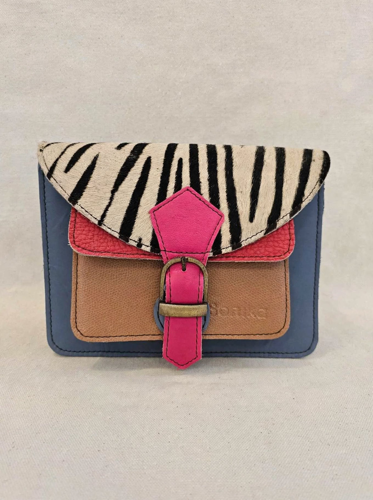 INDIGO ZEBRA - Mini Borsa Blu Avio, Cognac e Fucsia