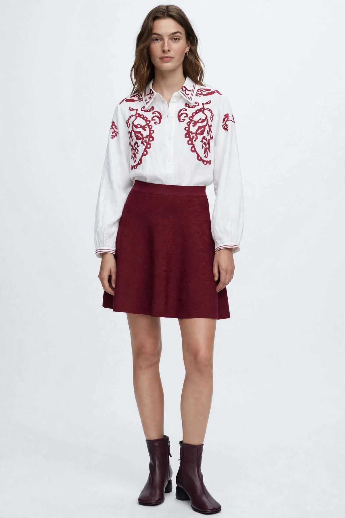 Camicia Ricamata Alina - Bianco / Bordeaux